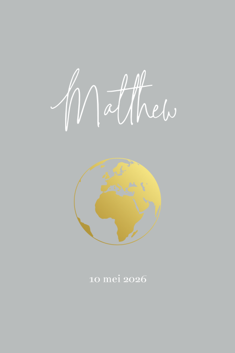 Minimalistisch geboortekaartje met gouden wereldbol voor een jongen