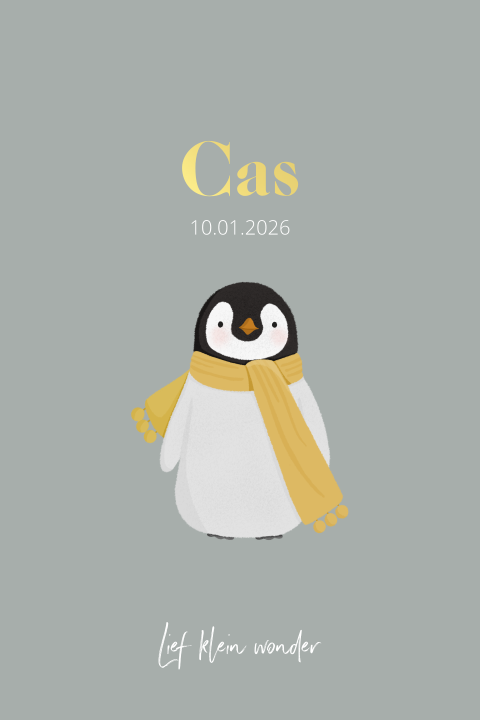 Stoer geboortekaartje voor een jongen met pinguin en goudfolie