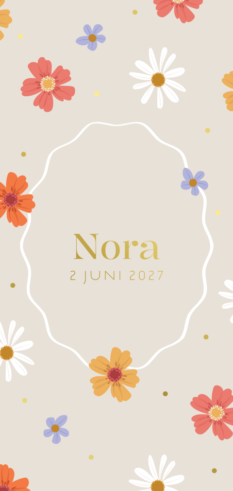 Geboortekaartje met bloemen en abstract kader voor een meisje