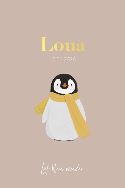 Lief geboortekaartje met pinguin voor een meisje