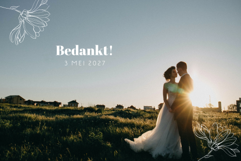 Bedankkaart met trouwfoto van jullie bruiloft - Botanical Blue