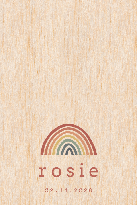 Trendy houten geboortekaartje voor een meisje met regenboog