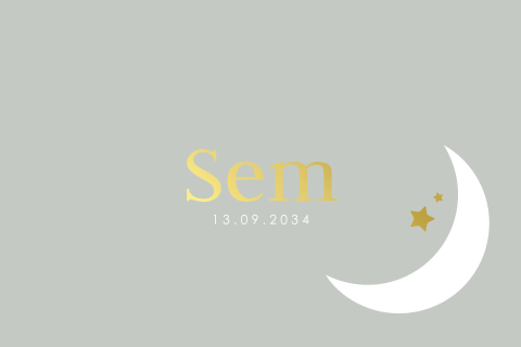 Geboortekaartje voor een jongen met naam in goudfolie en maantje