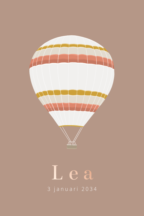 Geboortekaartje voor een meisje met luchtballon en roséfolie letters