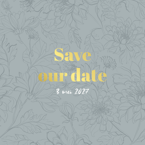 Blauwe save the date kaart met bloemenpatroon en goudfolie - Botanical Blue