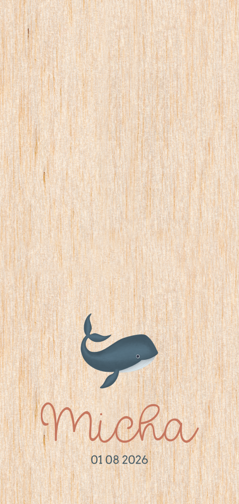 Panorama geboortekaartje op echt hout met een walvis