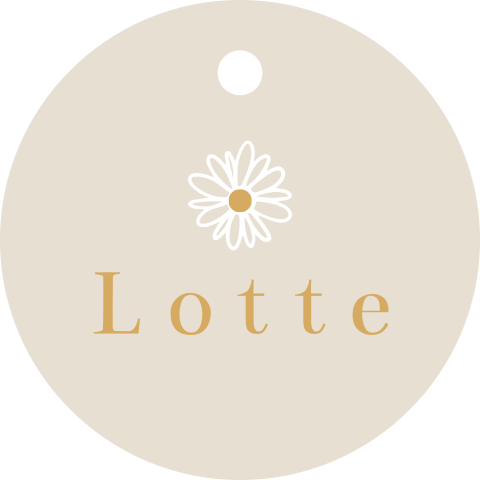 16 Ronde labels in zandkleur met gaatje en madeliefje