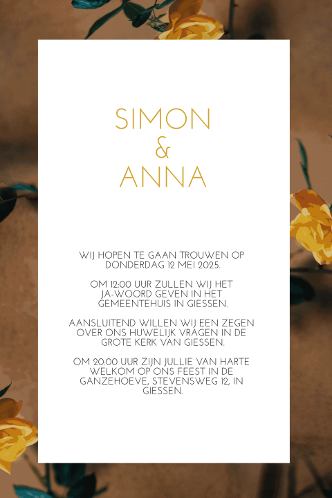 Trouwkaart Rozen oker geel