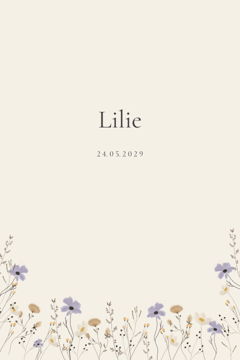 Geboortekaartje lila veldbloemen staand