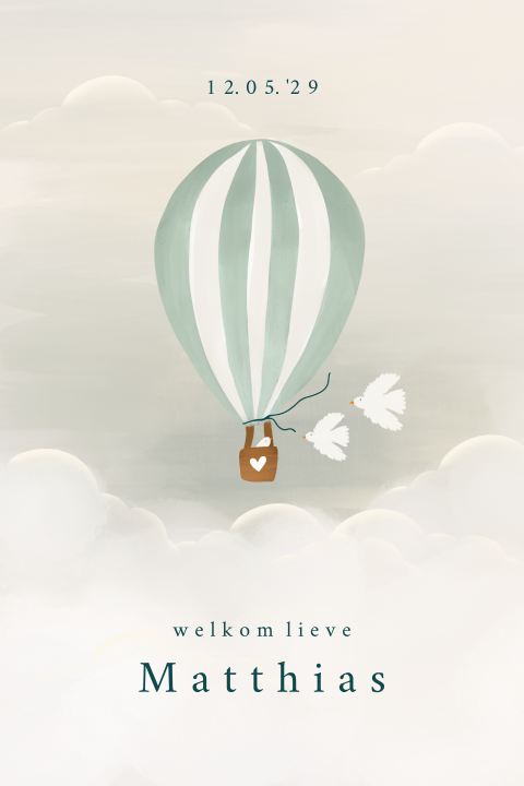 Geboortekaartje wolken luchtballon vogeltjes