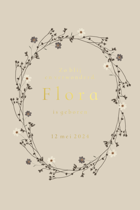 Geboortekaart krans takjes bloemen goudfolie