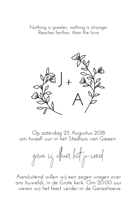 Trouwkaart krans zwart wit