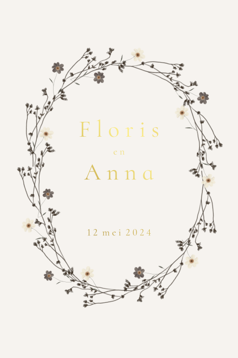 Trouwkaart krans takjes bloemen goudfolie
