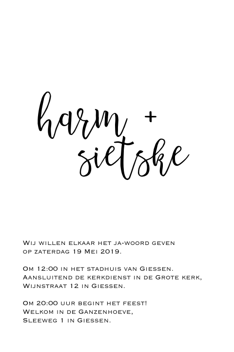 Trouwkaart handlettering zwart wit