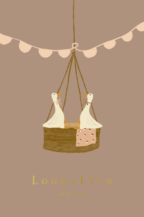 Geboortekaartje hangwieg foliedruk gans tweeling