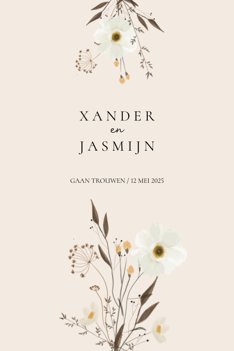 Trouwkaart handgetekende watercolor bloemen