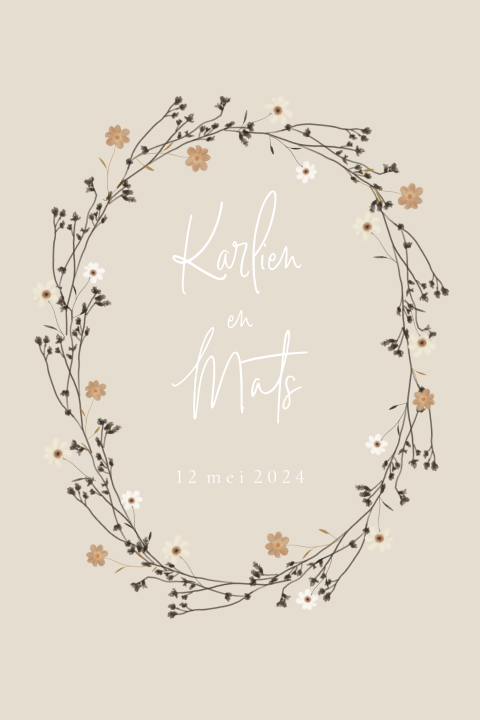 Trouwkaart krans takjes bloemetjes roze