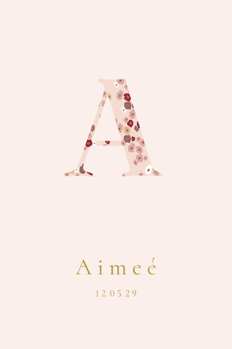 Geboortekaart Letter A bloemen roze