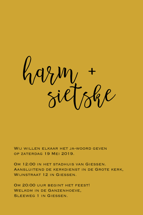 Trouwkaart handlettering okergeel