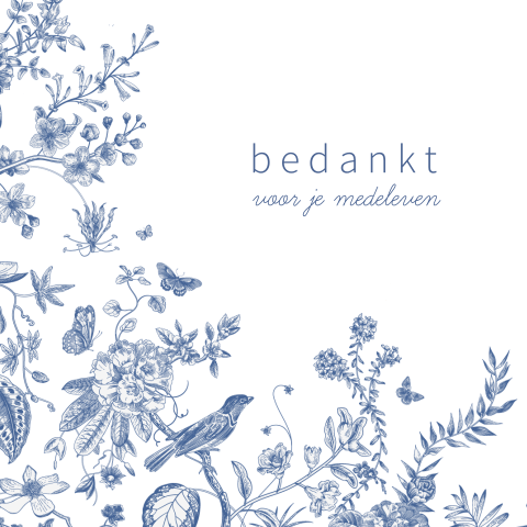 Bedanktkaart met blauwe bloemen en vogels