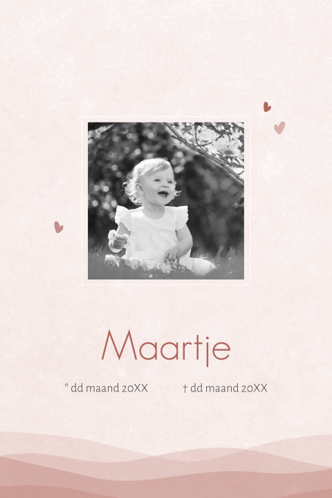 Kinder rouwkaartje met foto en glooiende heuvels