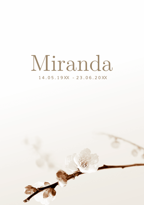 Rouwbrief met bloesem in sepia