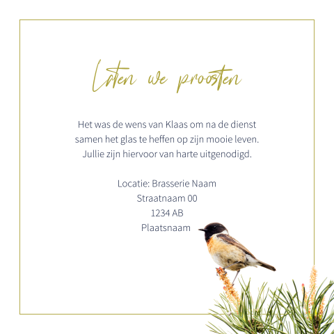 Uitnodiging voor samenzijn met vogel op dennentakje