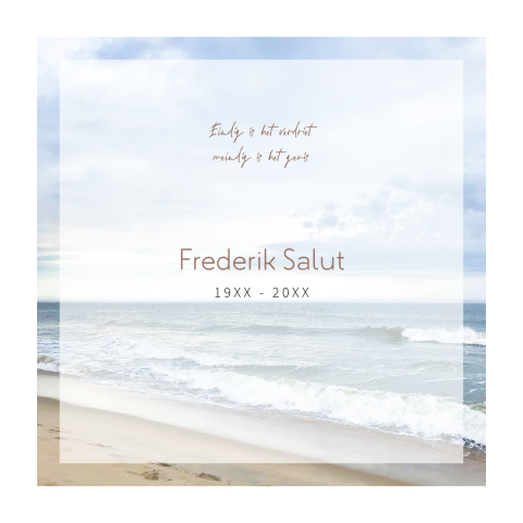 Rouwkaart met zee, strand, golven en lucht in kader