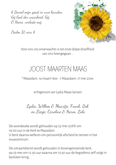 Witte rouwbrief met zonnebloem