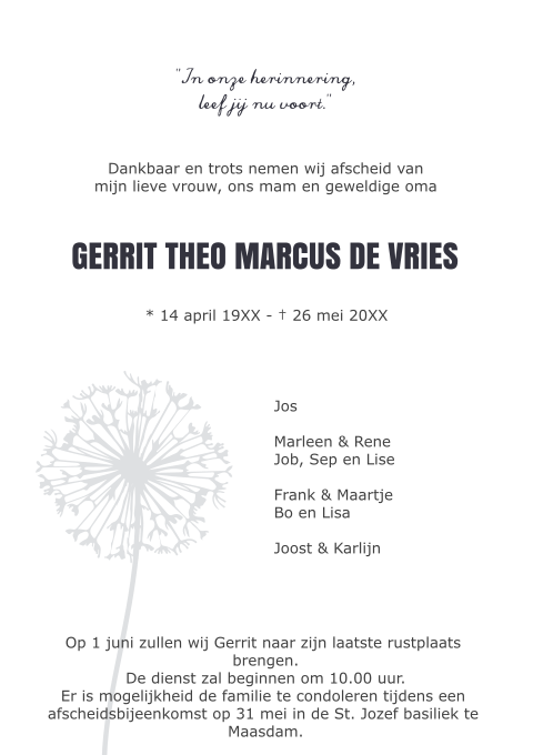 Rouwbrief paardenbloem
