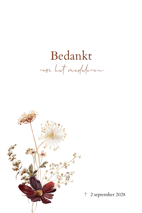 Bedankkaart overlijden foto veldboeket aardetinten