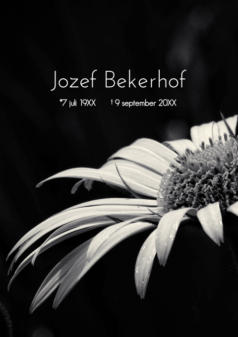 Stijlvolle rouwbrief met zwart-wit foto bloem