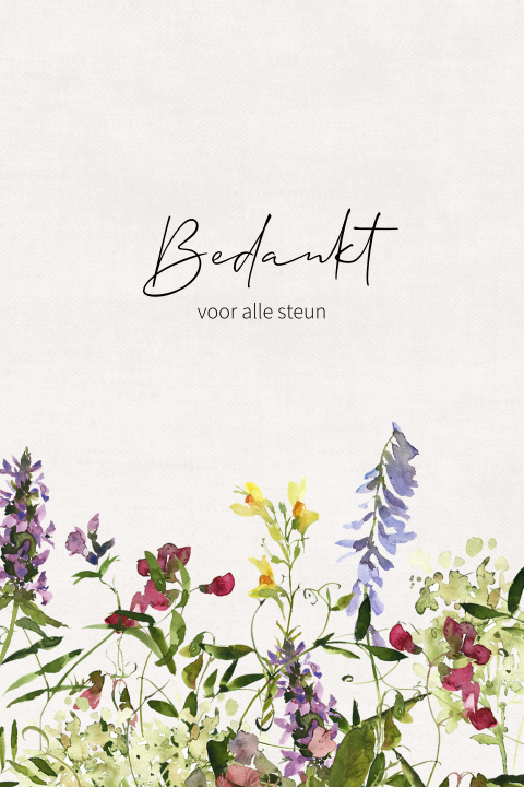 Bedankkaart met kleurrijke aquarel veldbloemen op linnen