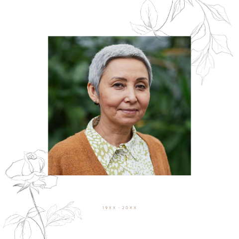 Tegeltje herinnering rouw foto schets takken blaadjes roos