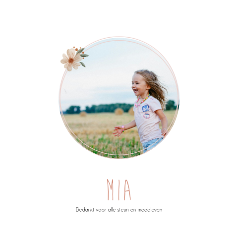 Bedankkaart overlijden baby kind foto roze bloem