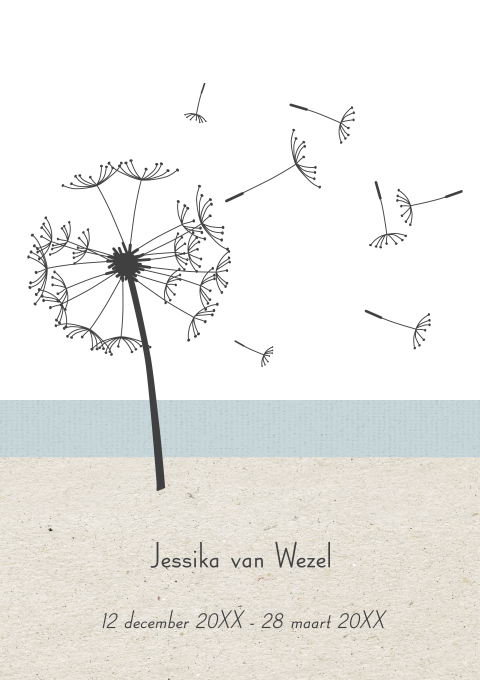 Moderne rouwbrief met een paardenbloem en kraftpapier