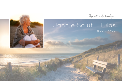 Fotokaart met zee, duinen, strand en bankje