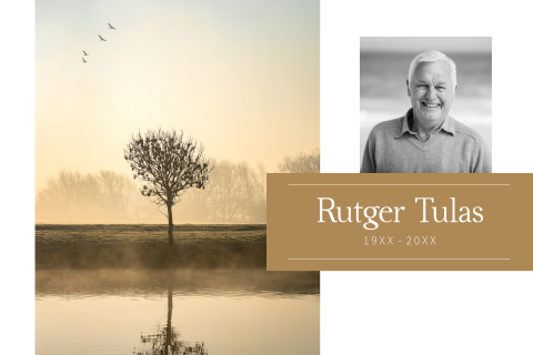 Overlijdenskaart met portretfoto en boom met water
