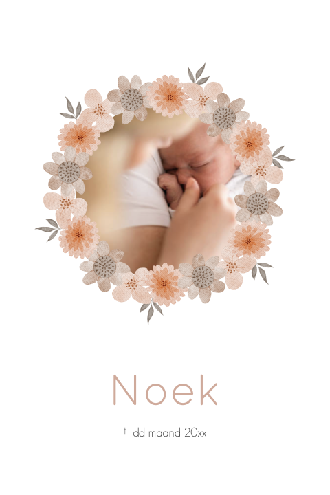 Rouwkaart kind baby foto bloemenkrans roze oudroze