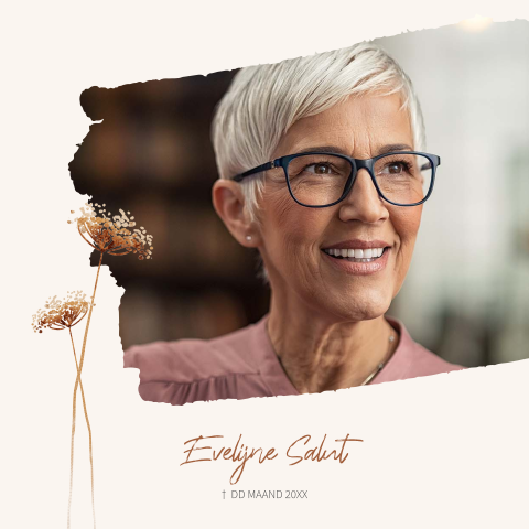 Rouwkaart met foto en aquarel droogbloemen