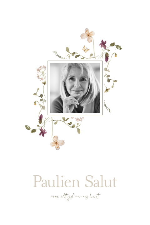 Rouwkaart met foto en aquarel veldbloemen