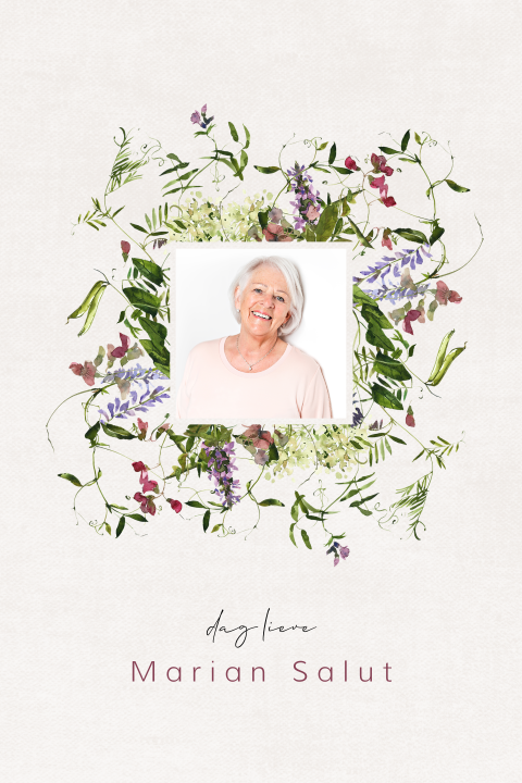 Foto bidprentje met kader en aquarel veldbloemen op linnen