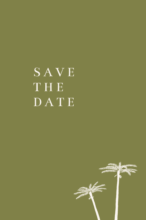 Save the date kaart met olijfgroene achtergrond en palmbomen