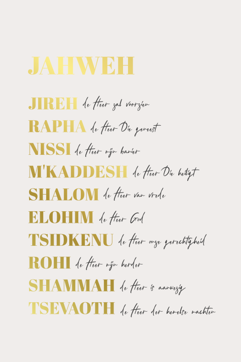 Kaart met de namen van God Jahweh in het Hebreeuws met goudfolie