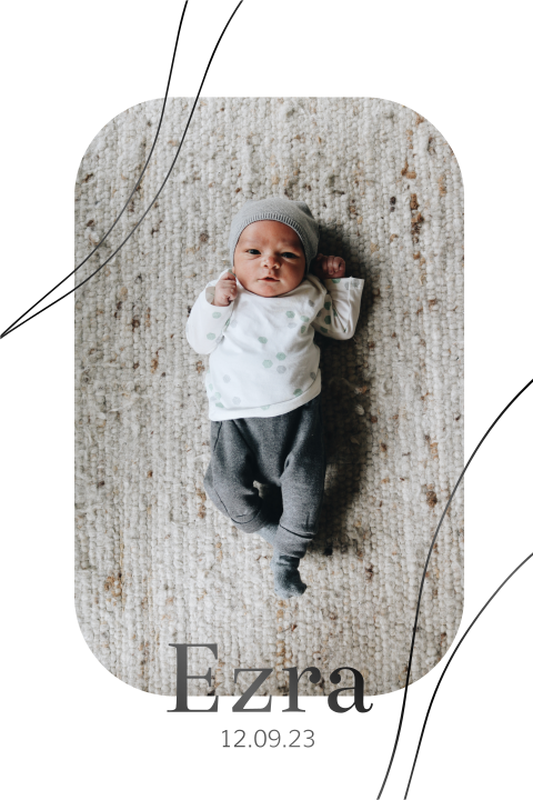 Geboortekaartje jongen grafische lijnen met newborn foto en foliedruk