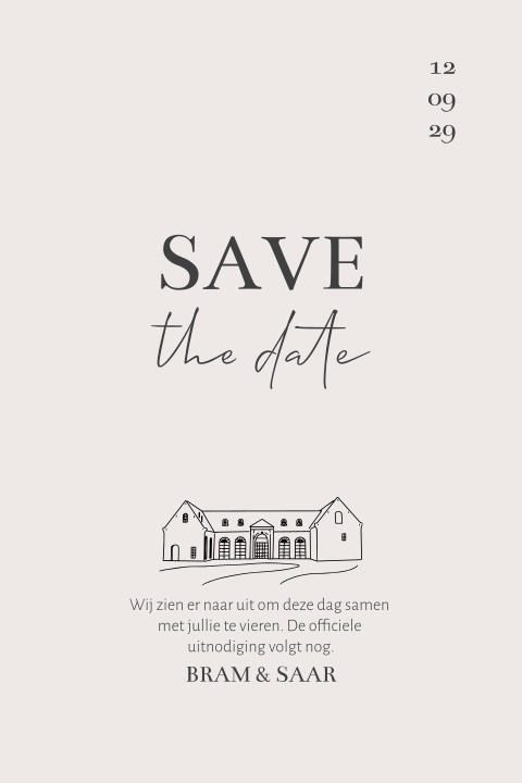 Save the date kaart minimalistisch met lijntekening trouwlocatie
