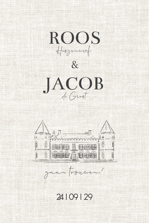 Trouwkaart trouwlocatie landgoed salentein Nijkerk linnen look