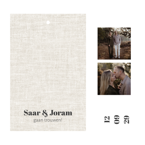 Trouwkaart met fotostrip linnen look en minimalistisch