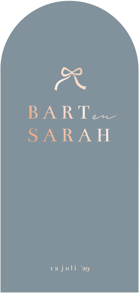 Trouwkaart langwerpig met boog en strikje roséfolie lichtblauw