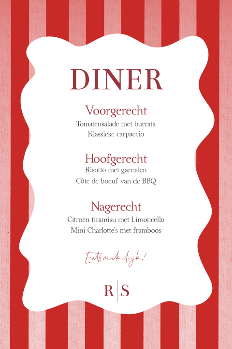 Menukaart voor de bruiloft tafelsetting colorblocking rode strepen